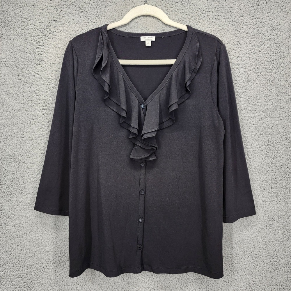 Nine West Separates Black Ruffle V-Neck Button Front Top 3/4 Sleeve Large